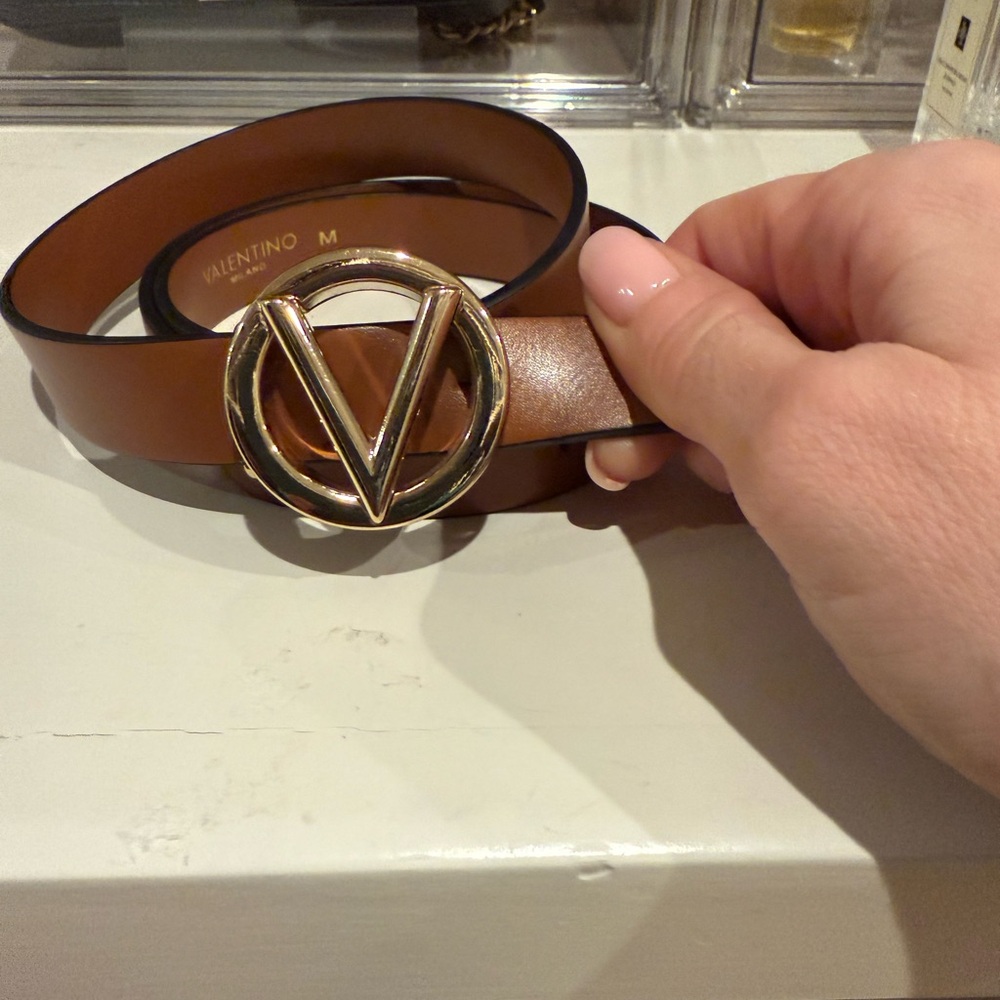 Valentino Brown Gold Belt with Iconic V Buckle